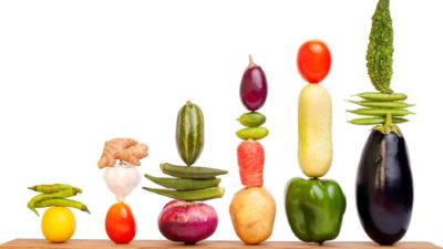 fruit and veg share price represented by rising bar chart made from fruit and vegetables